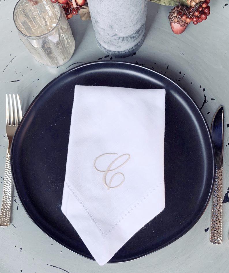 Lulu Monogrammed Embroidered Cloth Dinner Napkins - Set of 4 napkins - White Tulip Embroidery