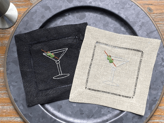 Martini Cloth Cocktail Napkins, Set of 4 - White Tulip Embroidery
