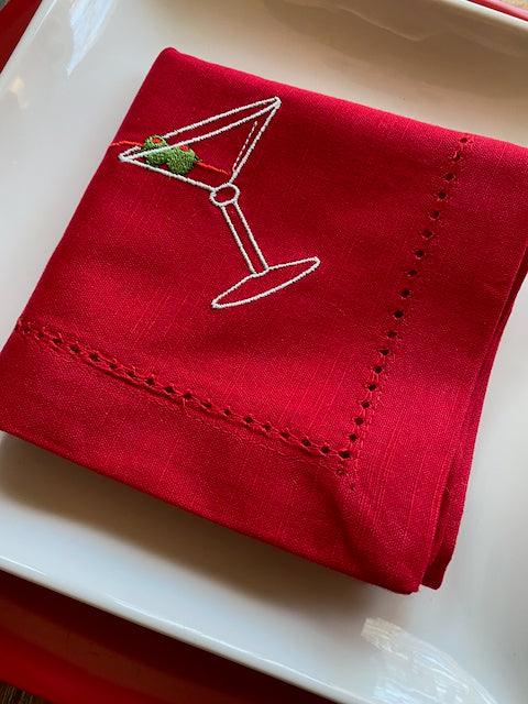 Martini Drink Cloth Napkins - Set of 4 napkins - White Tulip Embroidery