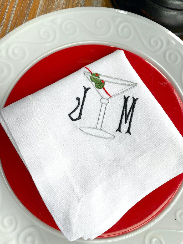 Martini Monogrammed Cloth Napkins - Set of 4 Duogram Napkins - White Tulip Embroidery