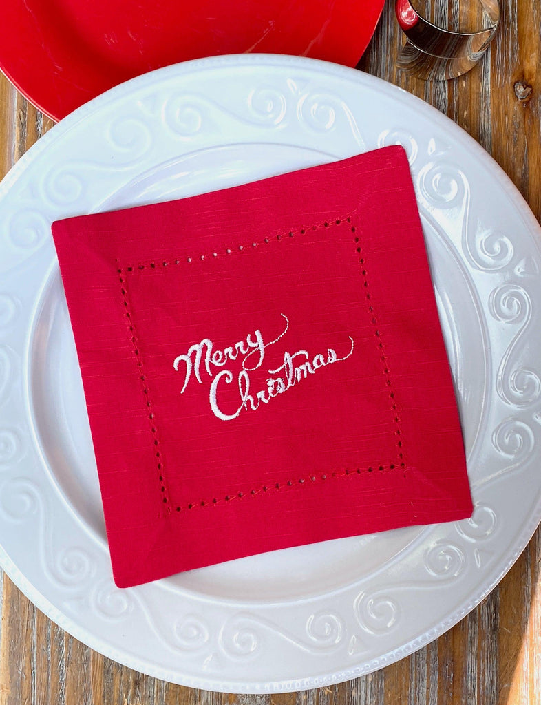 Merry Christmas Cloth Cocktail Napkins, Set of 4 - White Tulip Embroidery