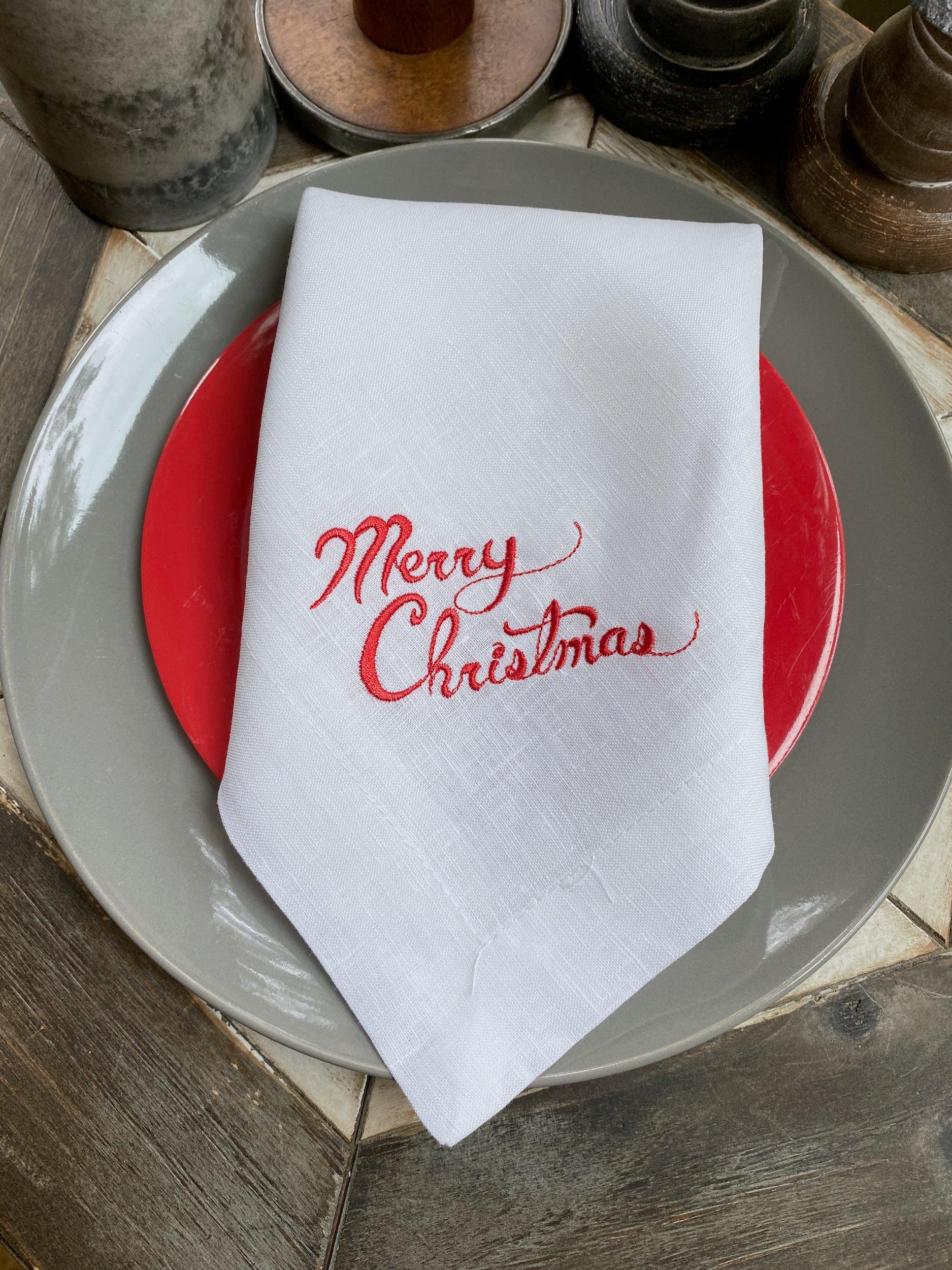 Merry Christmas Cloth Napkins - Set of 4 Christmas napkins – White