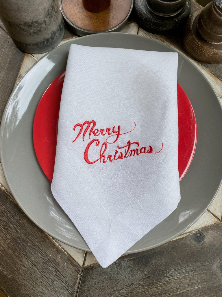 Merry Christmas Cloth Napkins - Set of 4 Christmas napkins - White Tulip Embroidery