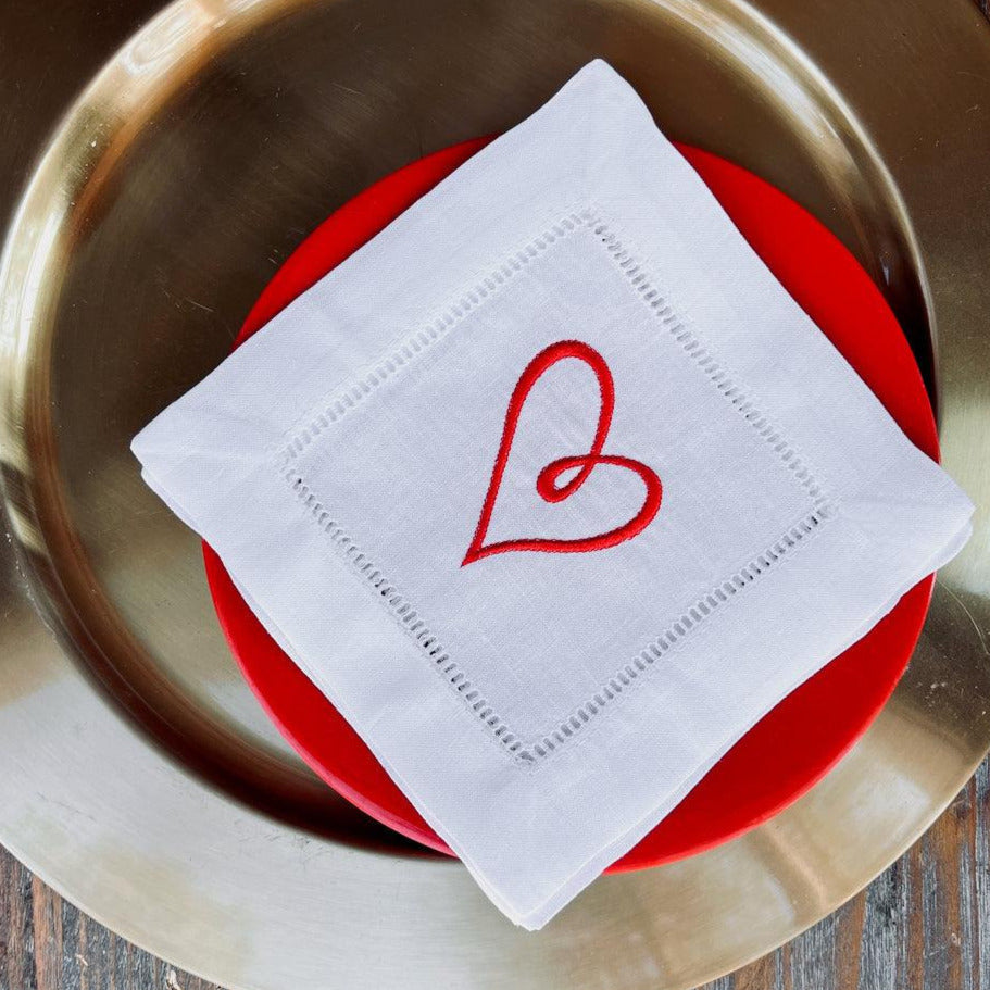 Modern Heart Valentine's Day Cloth Cocktail Napkins, Set of 4, Linen Cocktail Napkins - White Tulip Embroidery