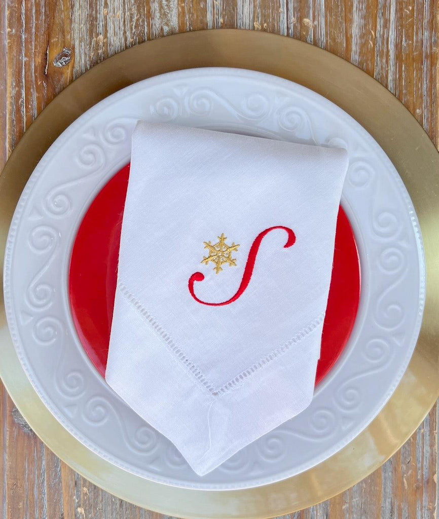 Monogrammed Christmas Snowflake Embroidered Cloth Napkins-Set of 4 napkins - White Tulip Embroidery