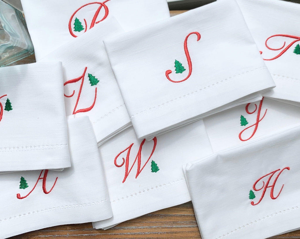 Monogrammed Christmas Tree Embroidered Cloth Napkins-Set of 4 napkins - White Tulip Embroidery