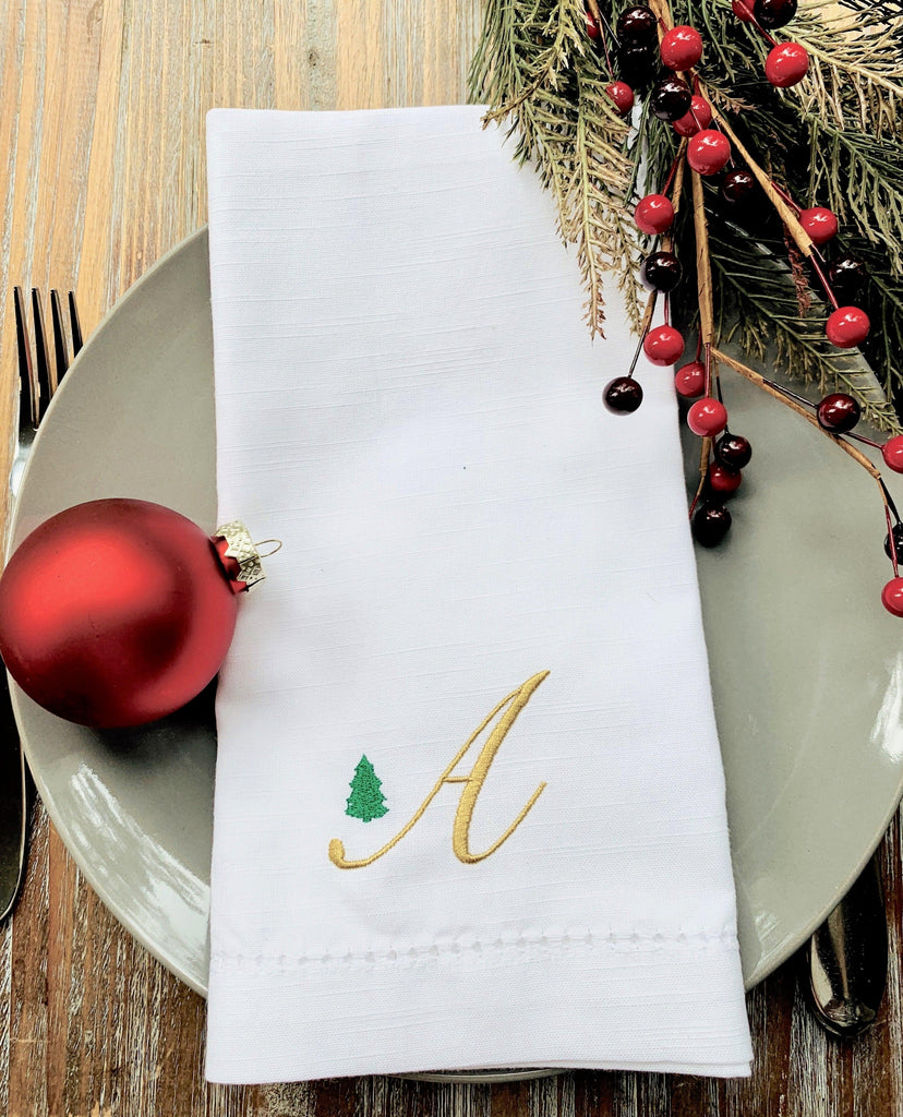 Monogrammed Christmas Tree Embroidered Cloth Napkins-Set of 4 napkins - White Tulip Embroidery