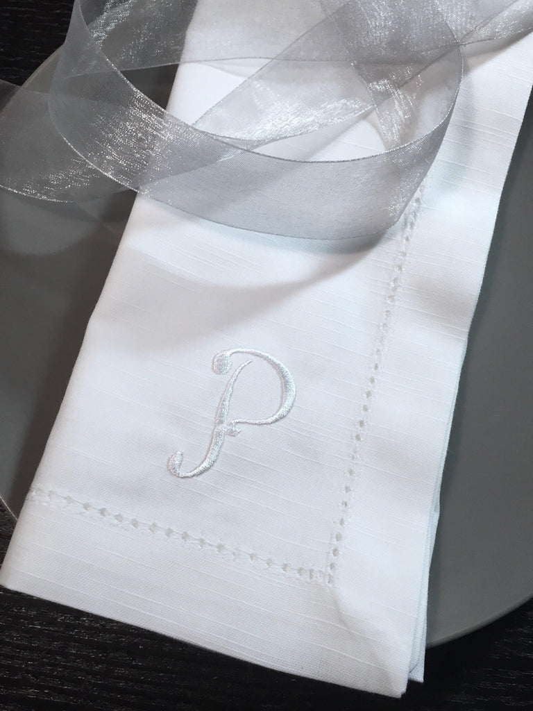 Monogrammed Embroidered Shannon Cloth Dinner Napkins - Set of 4 napkins - White Tulip Embroidery