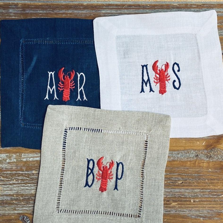 Monogrammed Lobster Cocktail Napkins, Set of 4 - White Tulip Embroidery