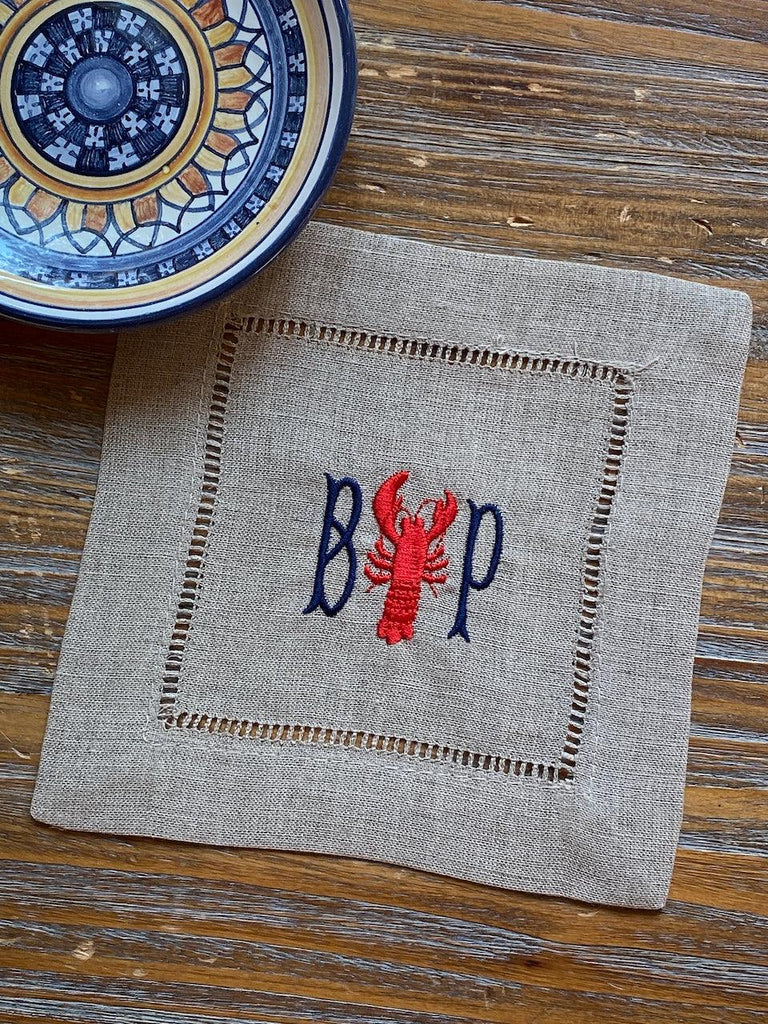 Monogrammed Lobster Cocktail Napkins, Set of 4 - White Tulip Embroidery