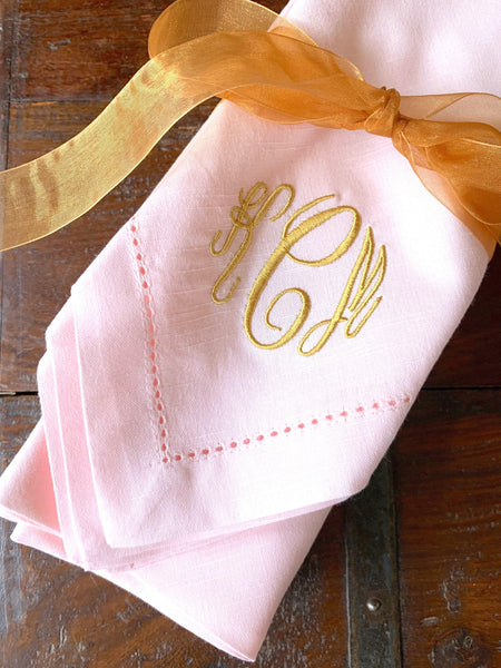 Monogrammed Pink Napkins - Set of 4 dinner pink napkins - White Tulip Embroidery