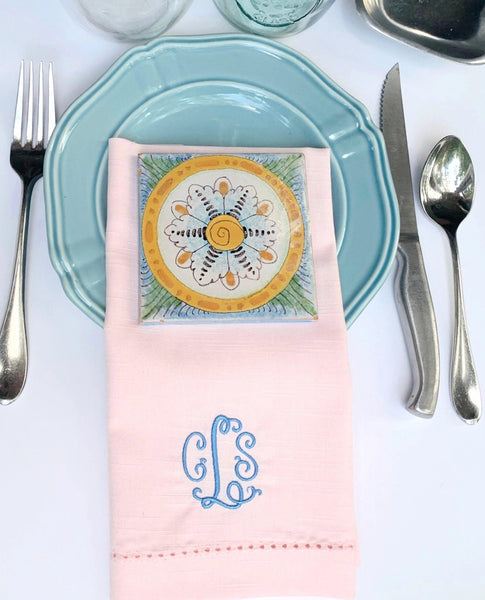 Monogrammed Pink Napkins - Set of 4 dinner pink napkins - White Tulip Embroidery
