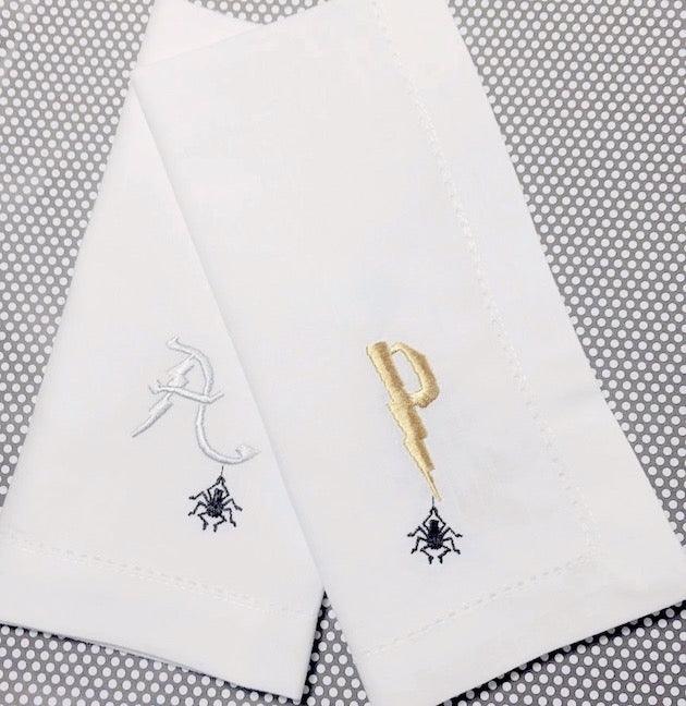 Monogrammed Spider Embroidered Cloth Napkins-Set of 4 Halloween napkins - White Tulip Embroidery