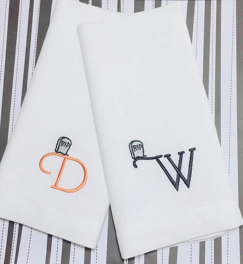Monogrammed Tombstone Embroidered Cloth Napkins-Set of 4 Halloween napkins - White Tulip Embroidery