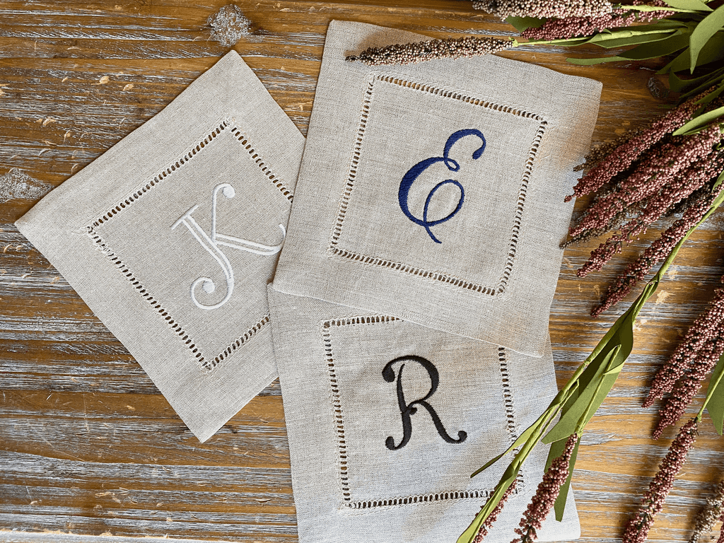 Natural Beige Monogrammed Linen Cocktail Napkins, Set of 4 - White Tulip Embroidery