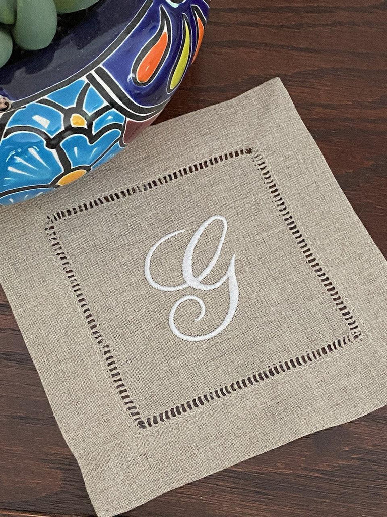 Natural Beige Monogrammed Linen Cocktail Napkins, Set of 4 - White Tulip Embroidery