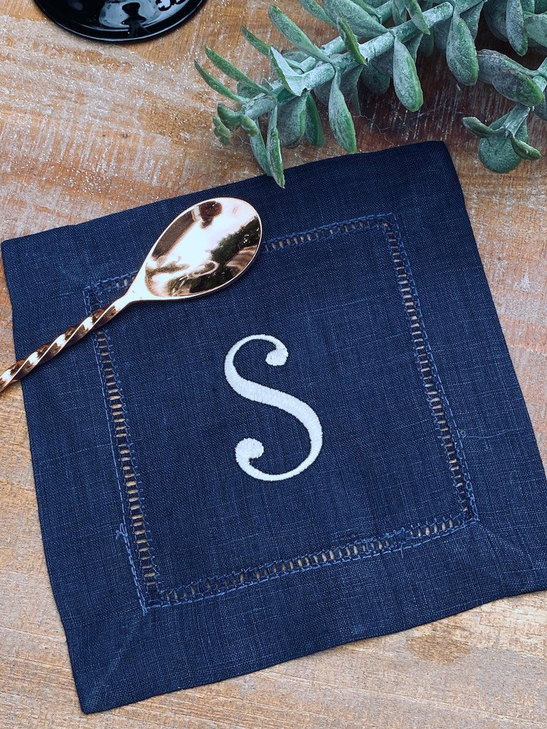 Navy Monogrammed Linen Cocktail Napkins, Set of 4 - White Tulip Embroidery