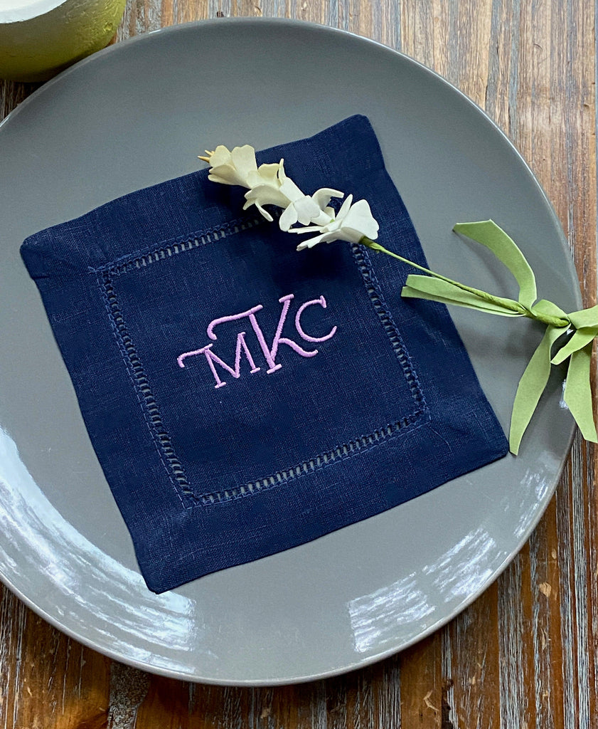 Navy Monogrammed Linen Cocktail Napkins, Set of 4 - White Tulip Embroidery