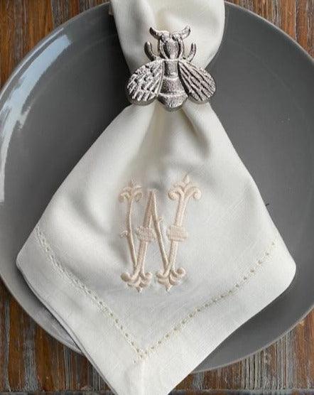 Noble Monogrammed Cloth Dinner Napkins - Set of 4 napkins - White Tulip Embroidery