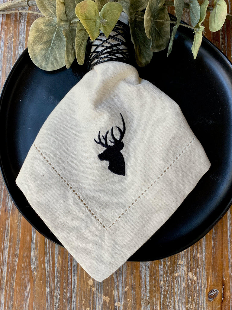 Northwoods Deer Embroidered Cloth Napkins - Set of 4 napkins - White Tulip Embroidery