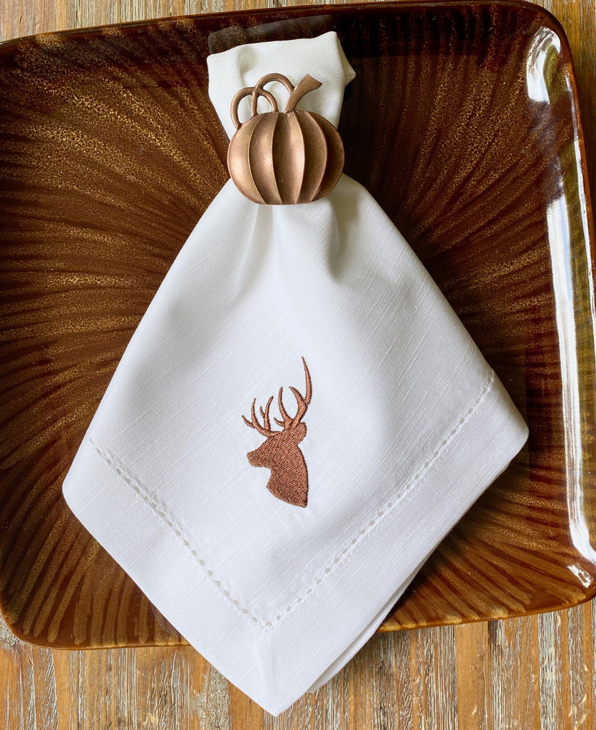 Northwoods Deer Embroidered Cloth Napkins - Set of 4 napkins - White Tulip Embroidery