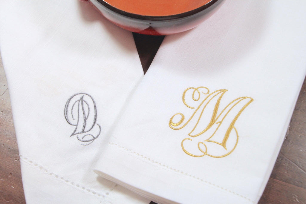 Olivia Monogrammed Embroidered Cloth Dinner Napkins - Set of 4 napkins - White Tulip Embroidery