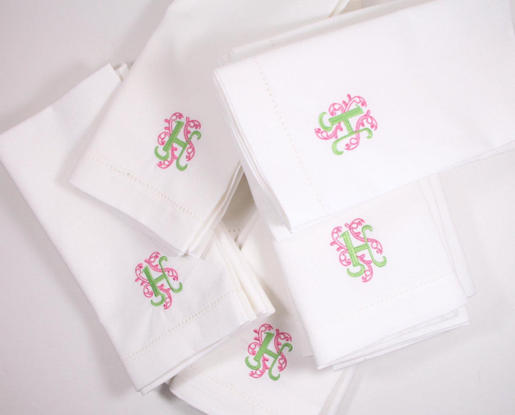 Ornate Monogrammed Embroidered Cloth Napkins - Set of 4 napkins - White Tulip Embroidery