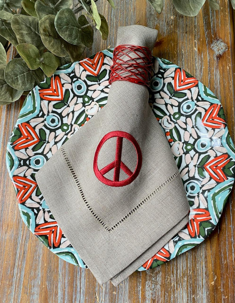 Peace Sign Embroidered Cloth Napkins - Set of 4 napkins - White Tulip Embroidery