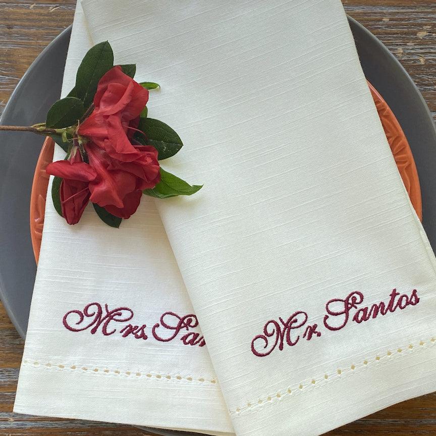 Personalized Bride and Groom Name Napkins - White Tulip Embroidery