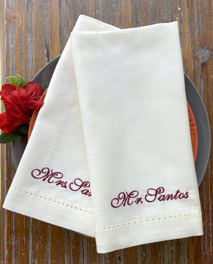 Personalized Bride and Groom Name Napkins - White Tulip Embroidery