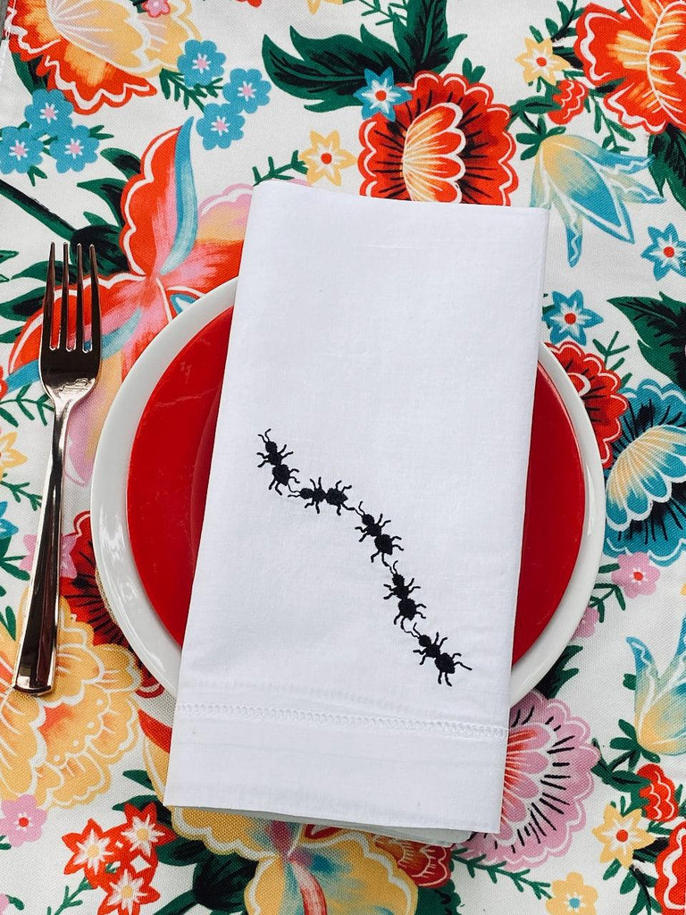 Picnic Ants Cloth Napkins - Set of 4 napkins - White Tulip Embroidery