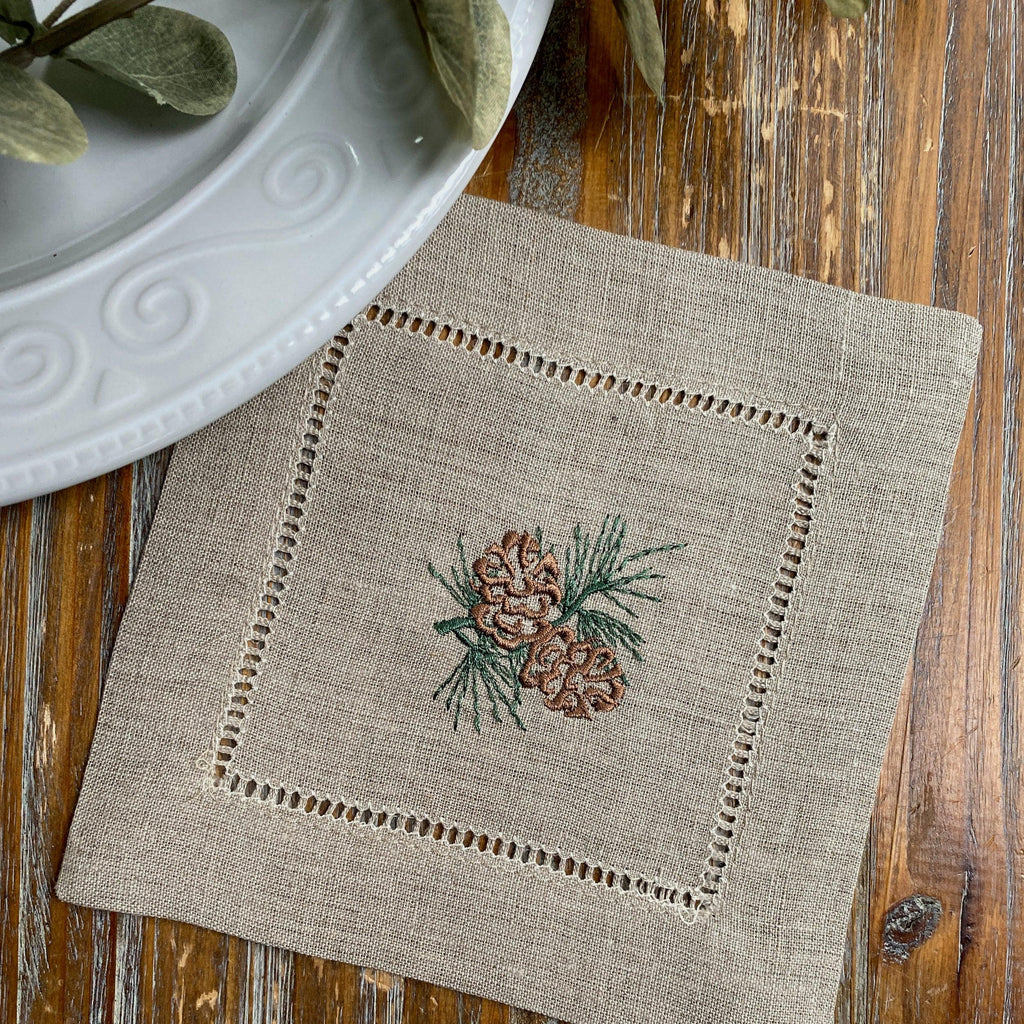Pine Cone Cocktail Napkins, Set of 4 - White Tulip Embroidery