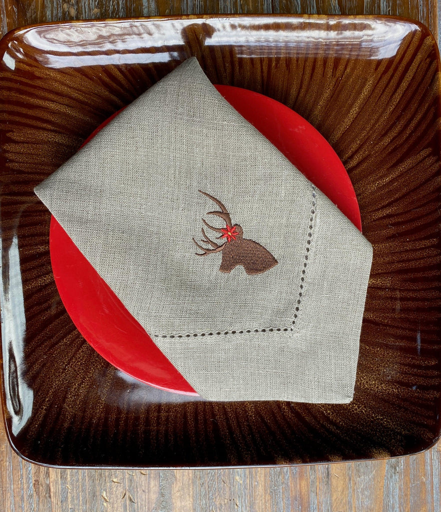 Poinsettia Deer Embroidered Cloth Napkins - Set of 4 napkins - White Tulip Embroidery