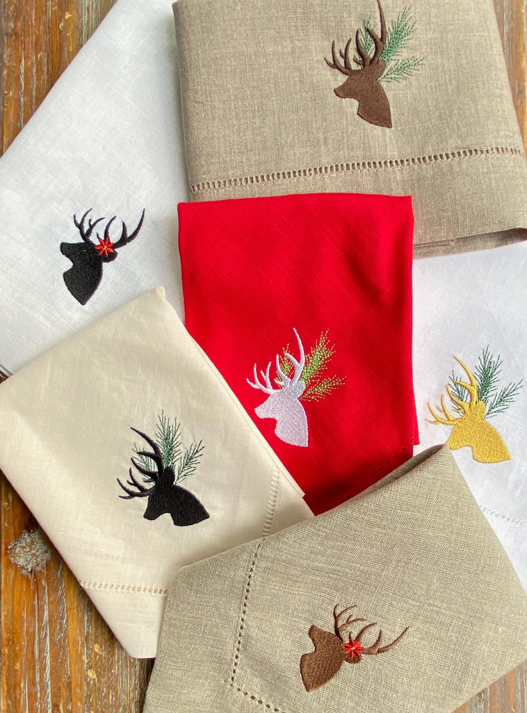 Poinsettia Deer Embroidered Cloth Napkins - Set of 4 napkins - White Tulip Embroidery