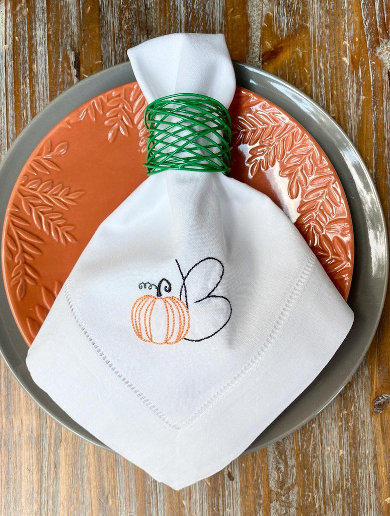Pumpkin Monogrammed Cloth Dinner Napkins - Set of 4 napkins - White Tulip Embroidery