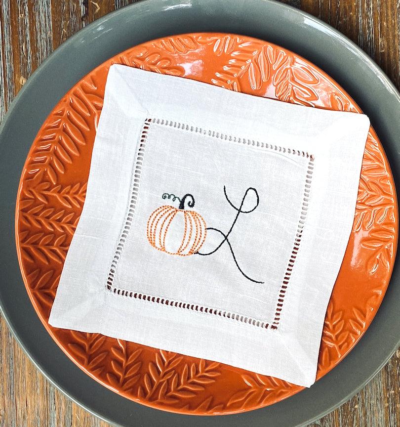 Pumpkin Monogrammed Cocktail Napkins, Set of 4 - White Tulip Embroidery