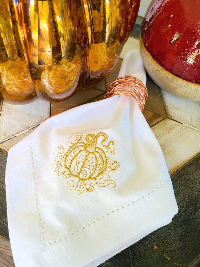 Pumpkin Swirl Cloth Napkins - Set of 4 napkins - White Tulip Embroidery