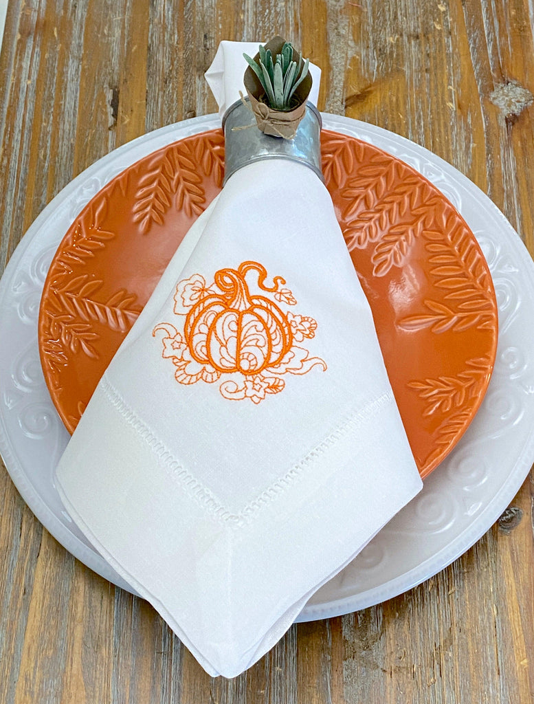 Pumpkin Swirl Cloth Napkins - Set of 4 napkins - White Tulip Embroidery
