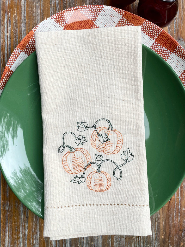 Pumpkin Vine Cloth Napkins - Set of 4 napkins - White Tulip Embroidery