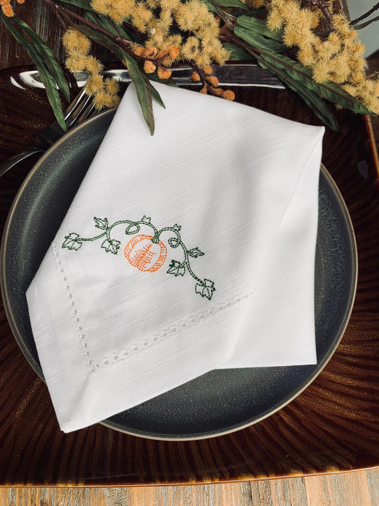 Pumpkin Vine Embroidered Cloth Dinner Napkins - Set of 4 napkins - White Tulip Embroidery