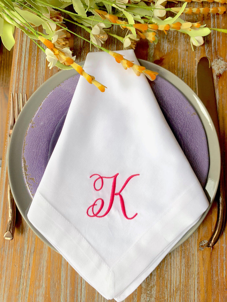 Rachael Monogrammed Embroidered Cloth Napkins - Set of 4 napkins - White Tulip Embroidery