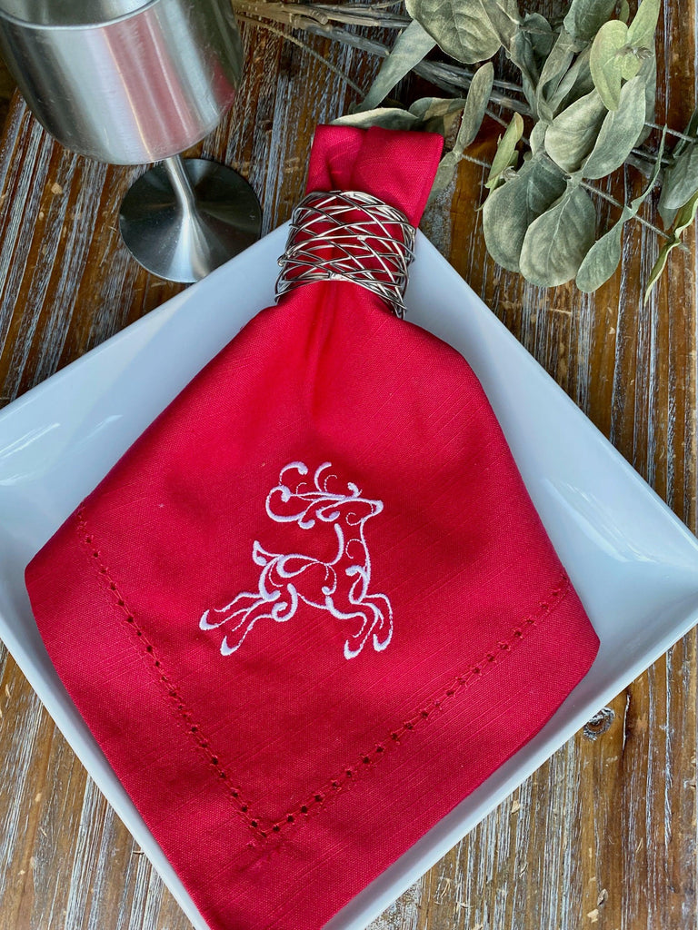 Reindeer Christmas Embroidered Cloth Napkins - Set of 4 napkins - White Tulip Embroidery