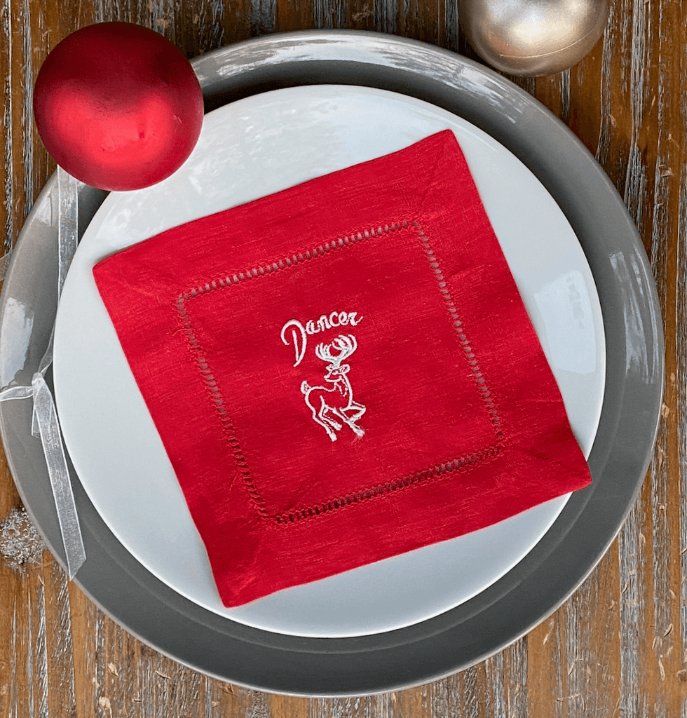 Reindeer Cloth Cocktail Napkins, Set of 10 - White Tulip Embroidery