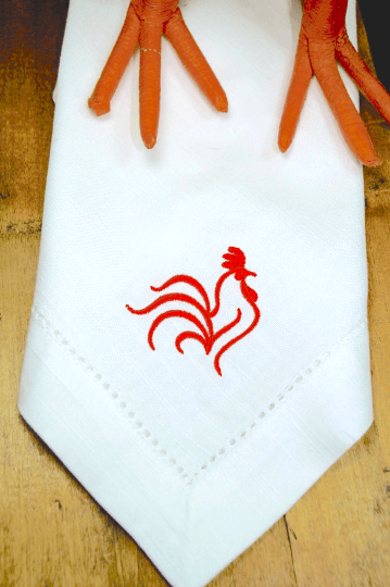 Rooster Embroidered Cloth Dinner Napkins - Set of 4 napkins - White Tulip Embroidery