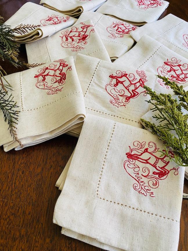 Santa and Reindeer Christmas Napkins - Set of 10 unique napkins - White Tulip Embroidery