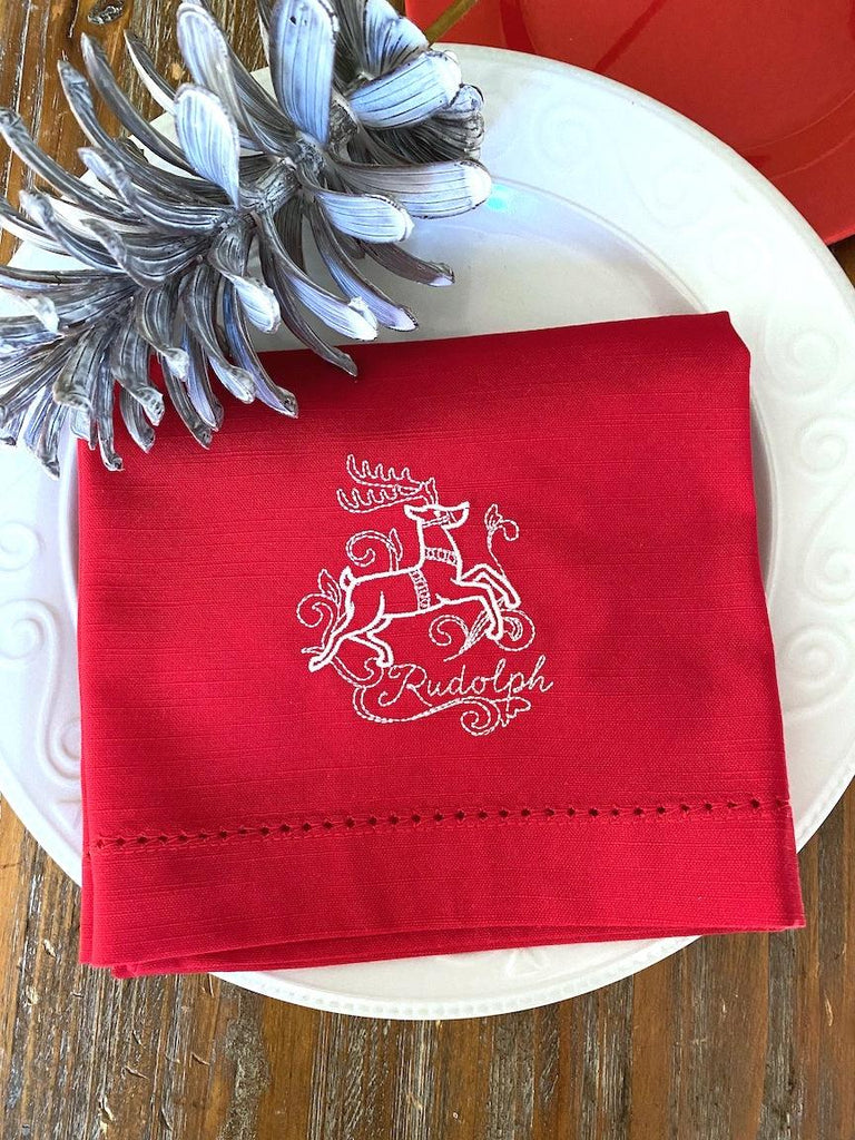 Santa and Reindeer Christmas Red Napkins - Set of 10 unique napkins - White Tulip Embroidery