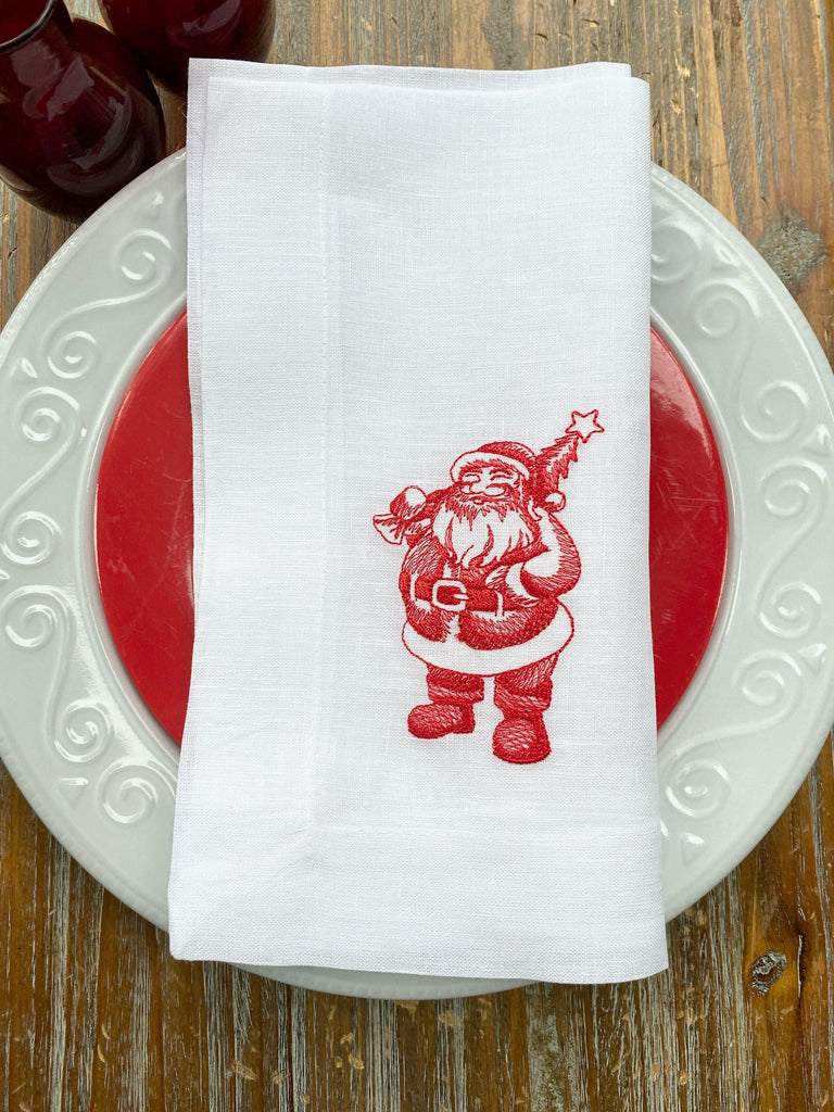 Santa Claus Victorian Christmas Embroidered Cloth Napkins - Set of 4 napkins - White Tulip Embroidery
