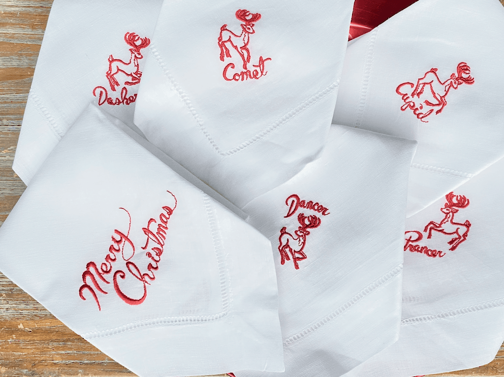 Santa's Reindeer Christmas Cloth Napkins - Set of 10 unique napkins - White Tulip Embroidery