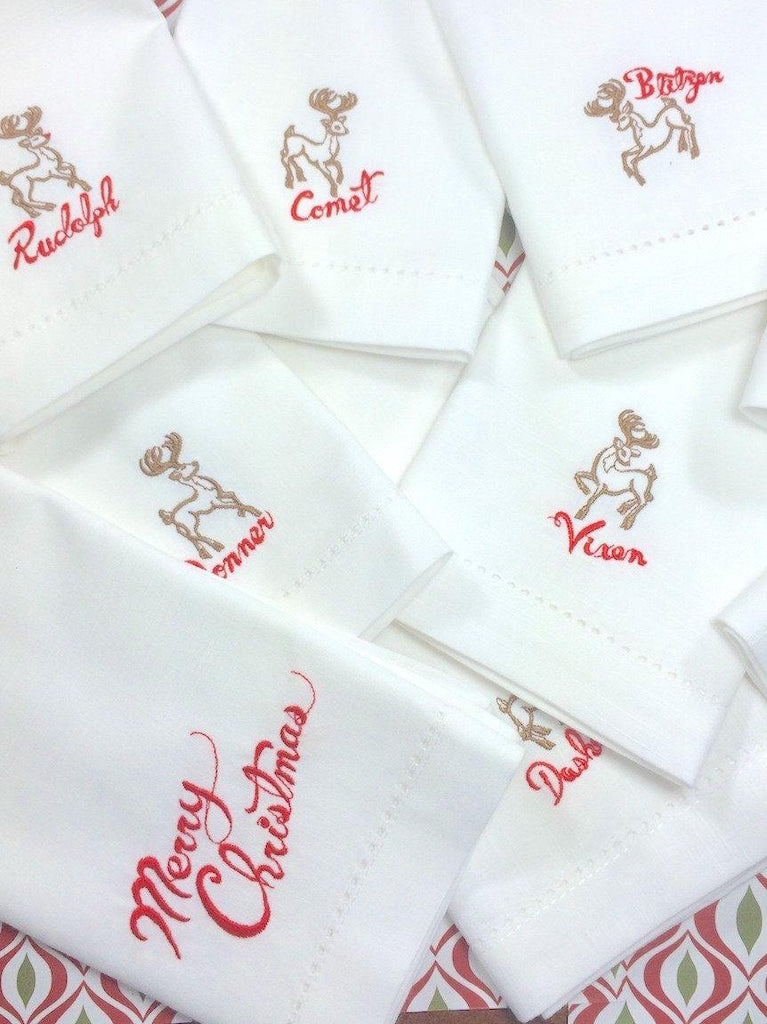Santa's Reindeer Christmas Cloth Napkins - Set of 10 unique napkins - White Tulip Embroidery