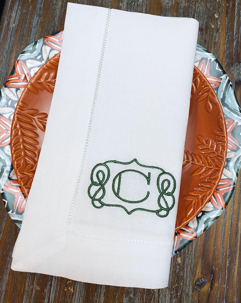 Scroll Border Monogrammed Cloth Dinner Napkins - Set of 4 napkins - White Tulip Embroidery